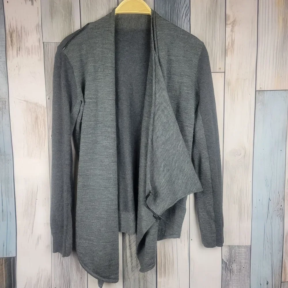 All Saints Drina Grey Wool Asymmetrical Cardigan Cowl Neck Zipper Shoulder Med